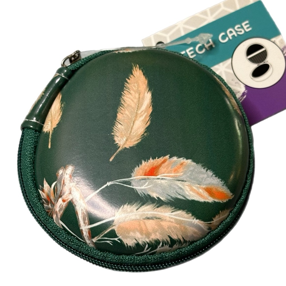 Boho ear bud or pods fashion tech case, green & feather design